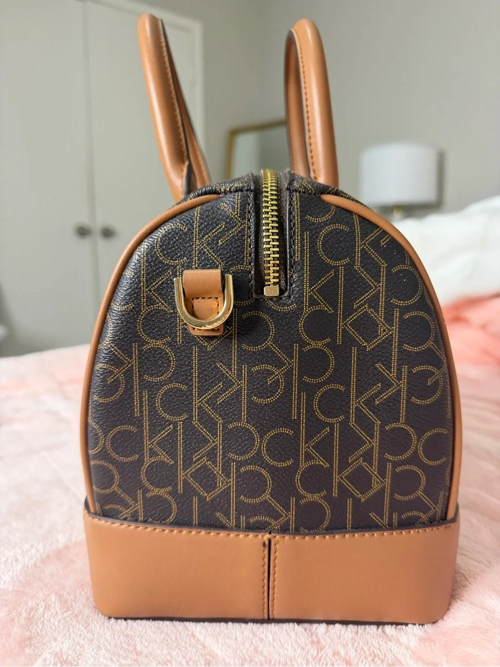 Calvin Klein Monogram Satchel Crossbody Brown Tan